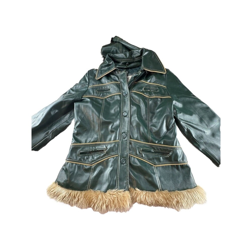 Dawn International Coat Women’s Large Forest Green Fox Leather Fur Y2K Retro